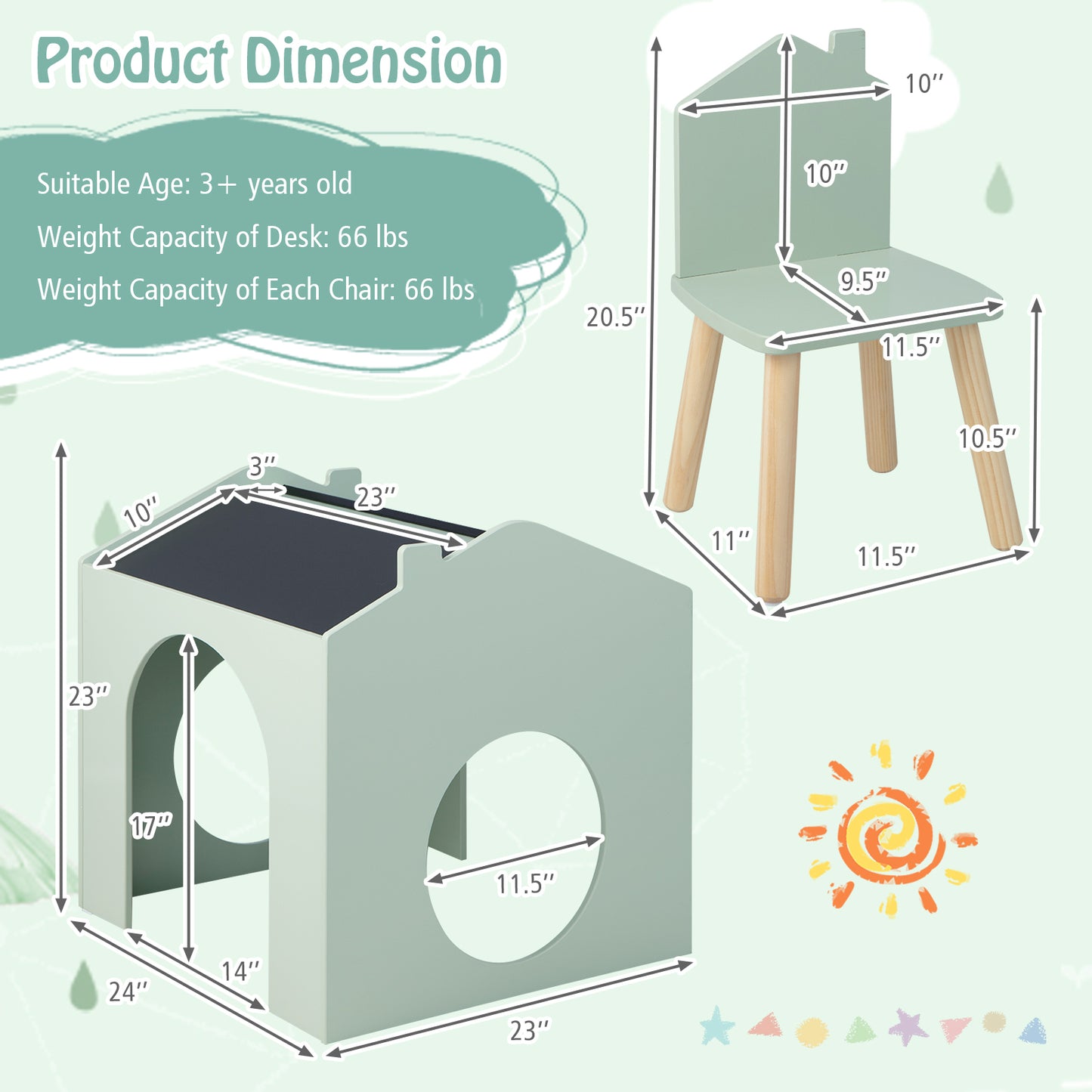 Kids Table and Chair Set with Slant Top and Chalkboards
