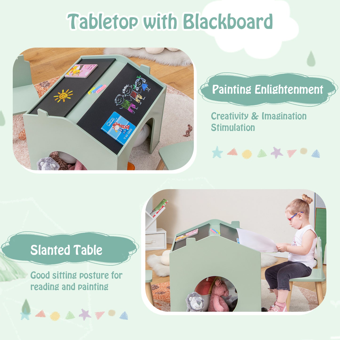 Kids Table and Chair Set with Slant Top and Chalkboards