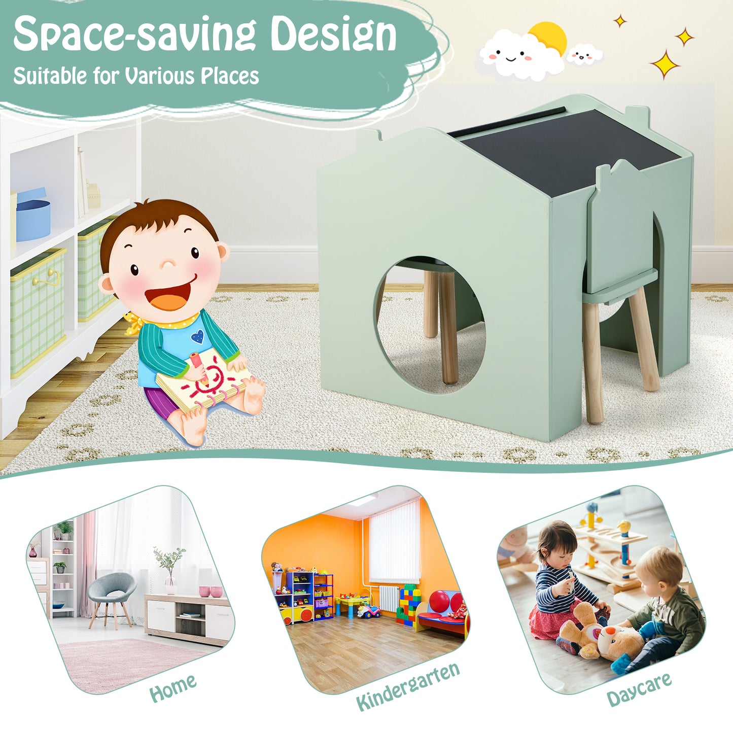 Kids Table and Chair Set with Slant Top and Chalkboards