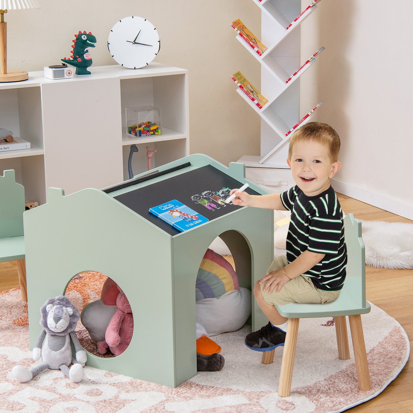 Kids Table and Chair Set with Slant Top and Chalkboards