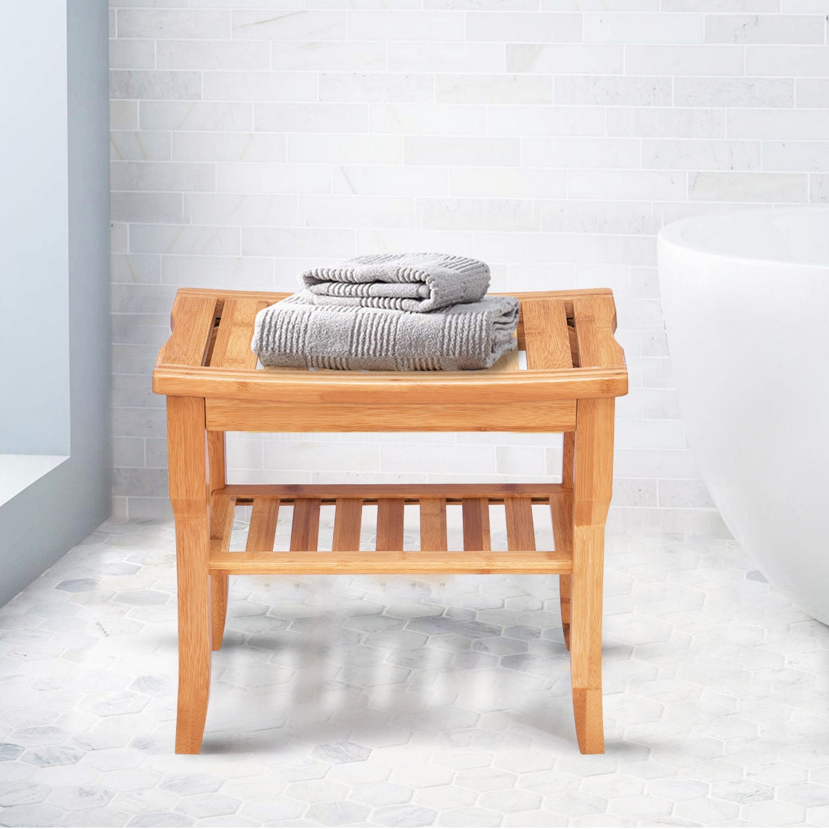 Bamboo Shower Chair Bench with Storage Shelf
