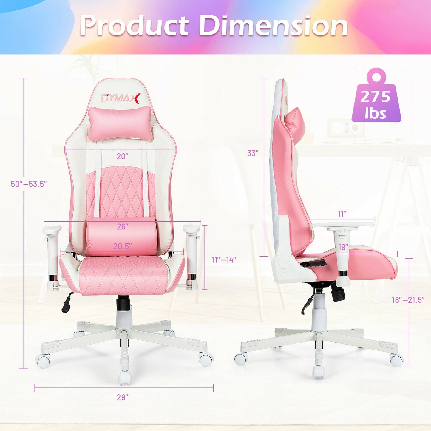 Gaming Chair with Headrest and Lumbar Support - Pink