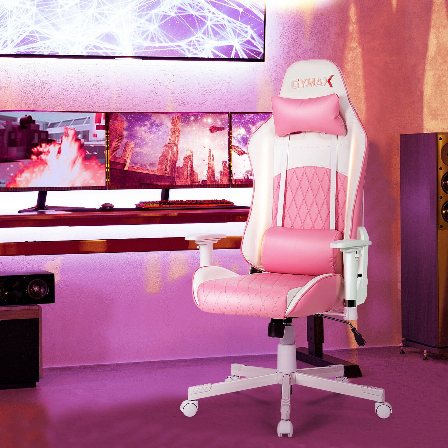 Gaming Chair with Headrest and Lumbar Support - Pink