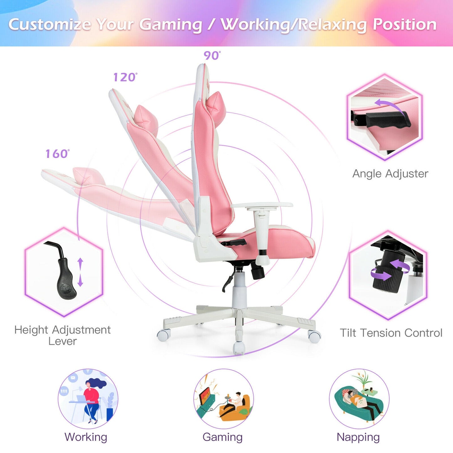 Gaming Chair with Headrest and Lumbar Support - Pink