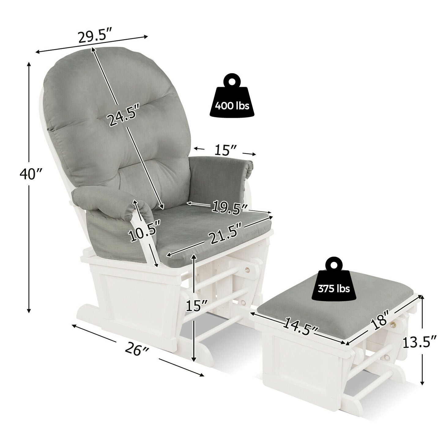 Nursery Glider and Ottoman Set with Padded Armrests