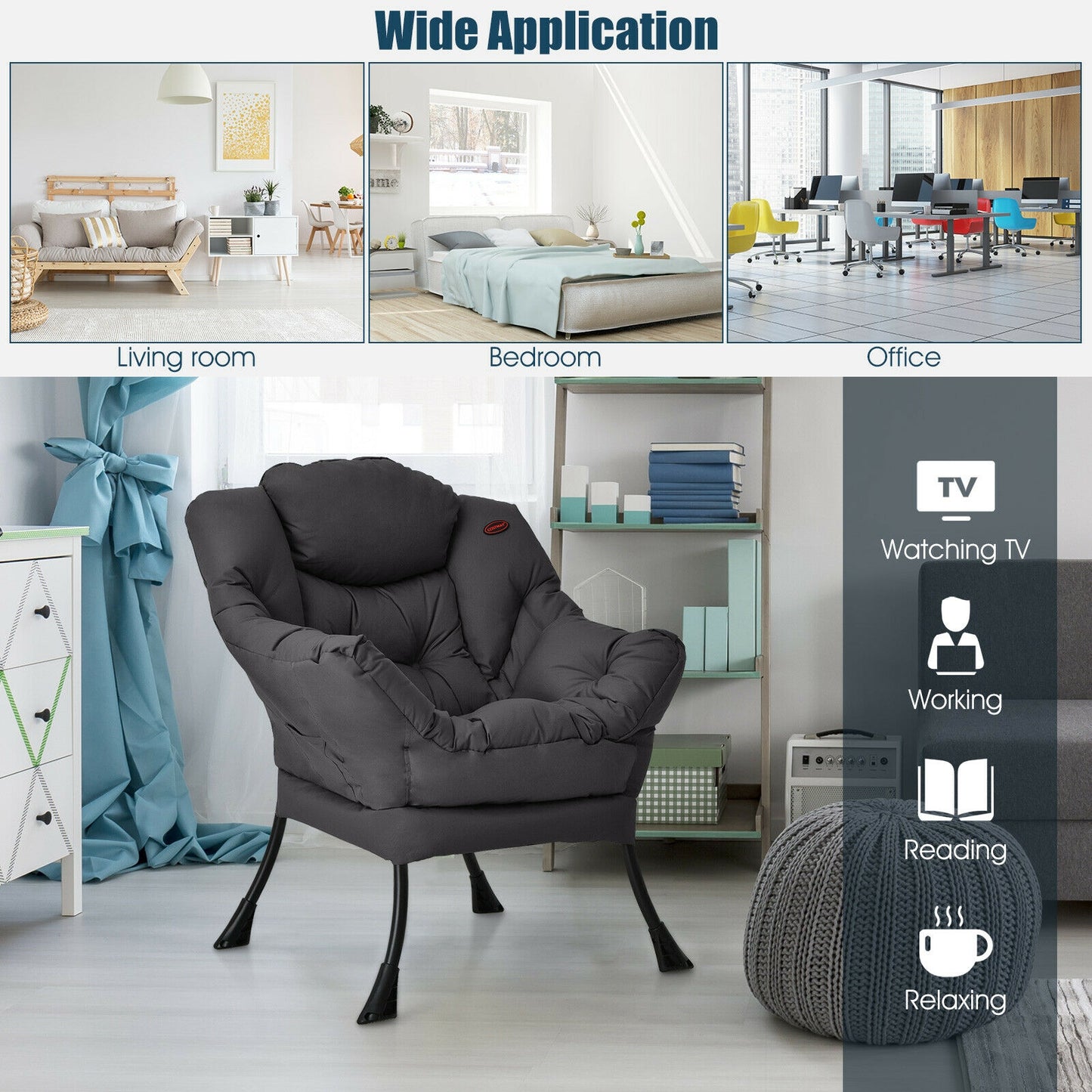 Lazy Accent Chair with Steel Frame and Side Pocket