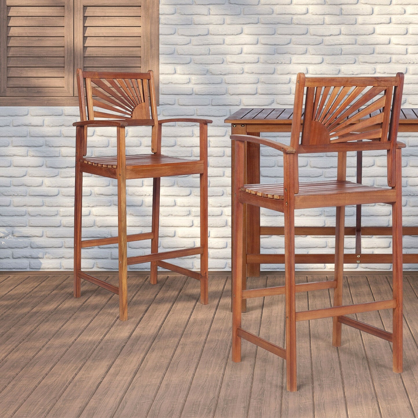 Acacia Wood Bar Chairs with Sunflower Backrest - Set of 2