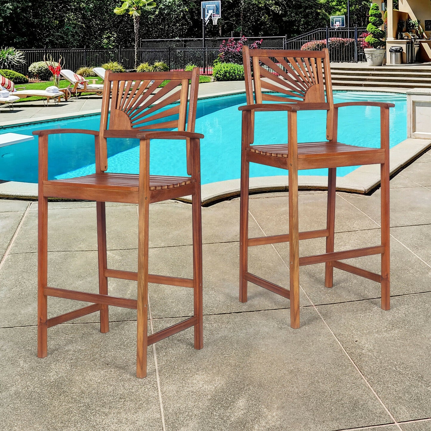 Acacia Wood Bar Chairs with Sunflower Backrest - Set of 2
