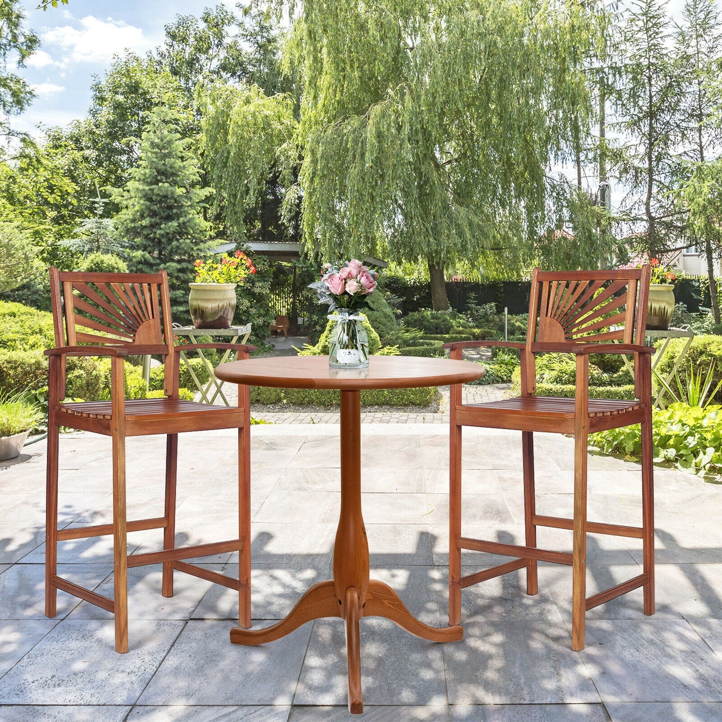 Acacia Wood Bar Chairs with Sunflower Backrest - Set of 2