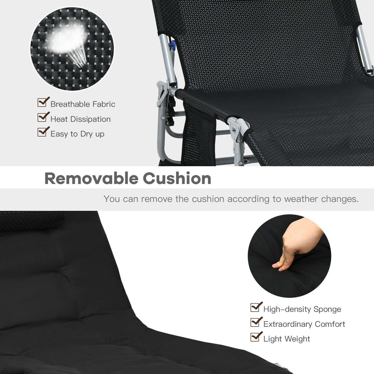 Oversize Padded Folding Chaise Lounge with Removable Mattress