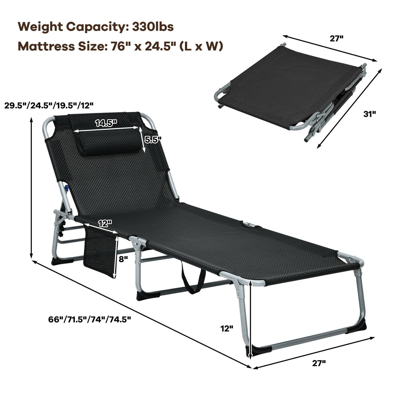 Oversize Padded Folding Chaise Lounge with Removable Mattress