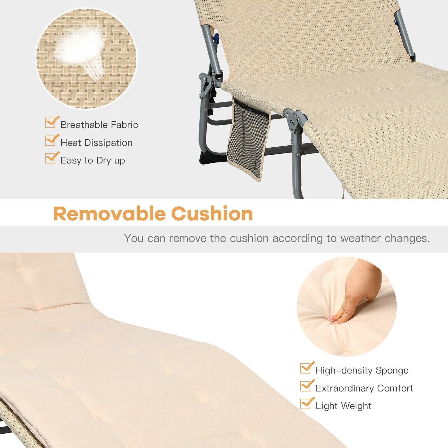 Oversize Padded Folding Chaise Lounge with Removable Mattress