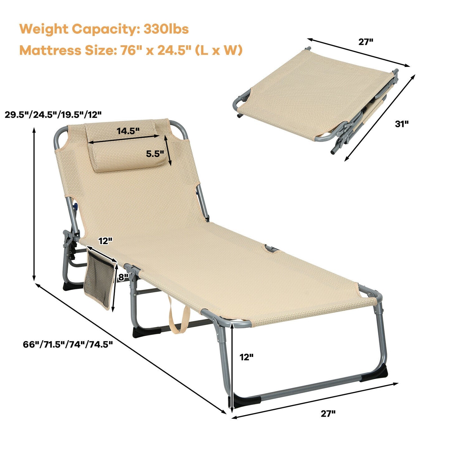 Oversize Padded Folding Chaise Lounge with Removable Mattress