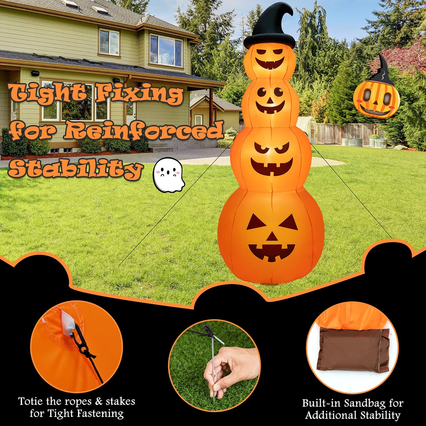 8 Feet Inflatable Halloween Pumpkins Stack with Built-in LED Lights