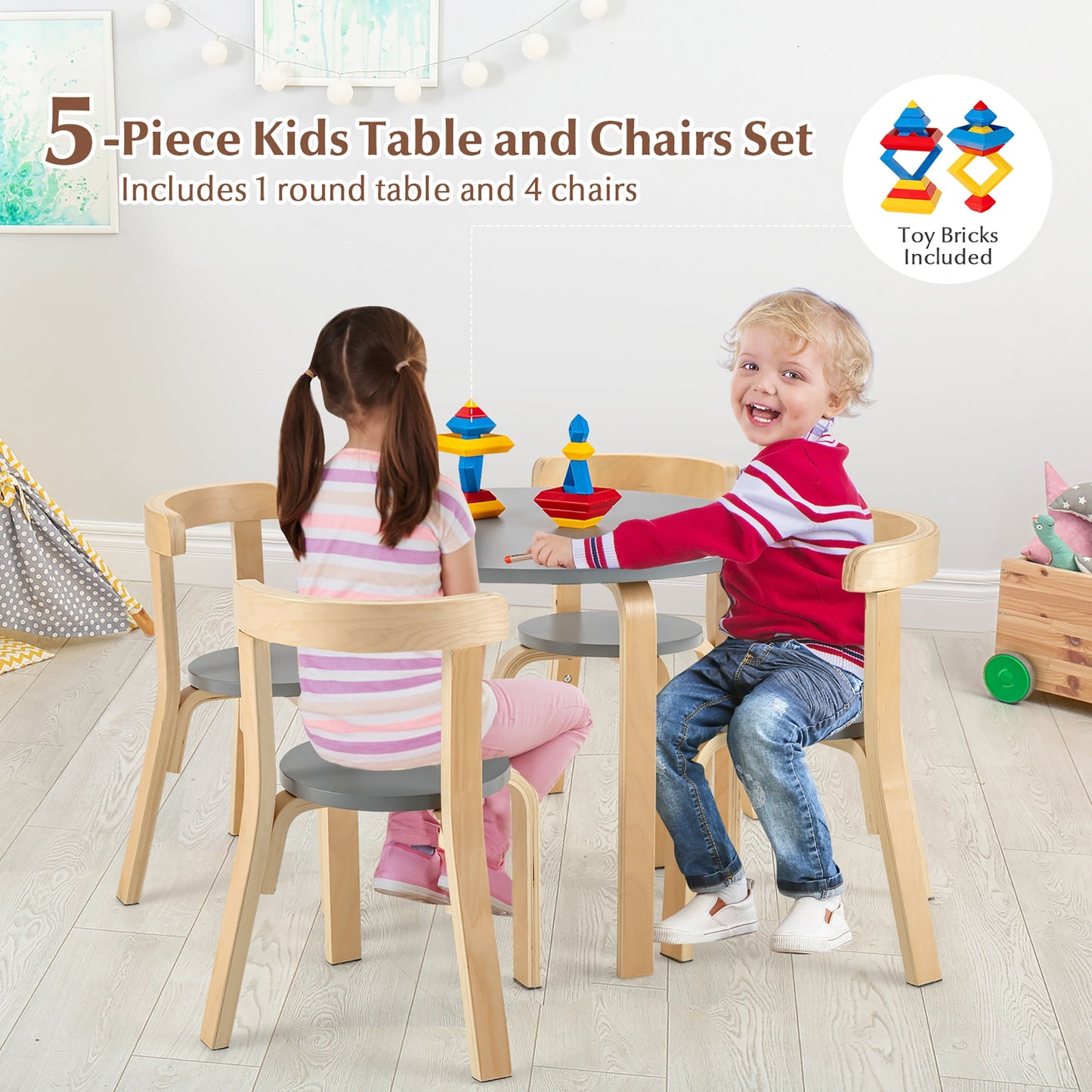 Kids Wooden Table and Chair Set - 5 Piece Activity Furniture