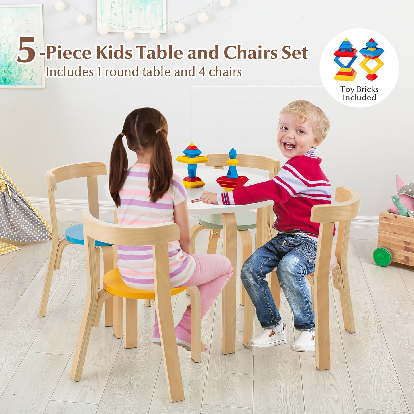 Kids Wooden Table and Chair Set - 5 Piece Activity Furniture
