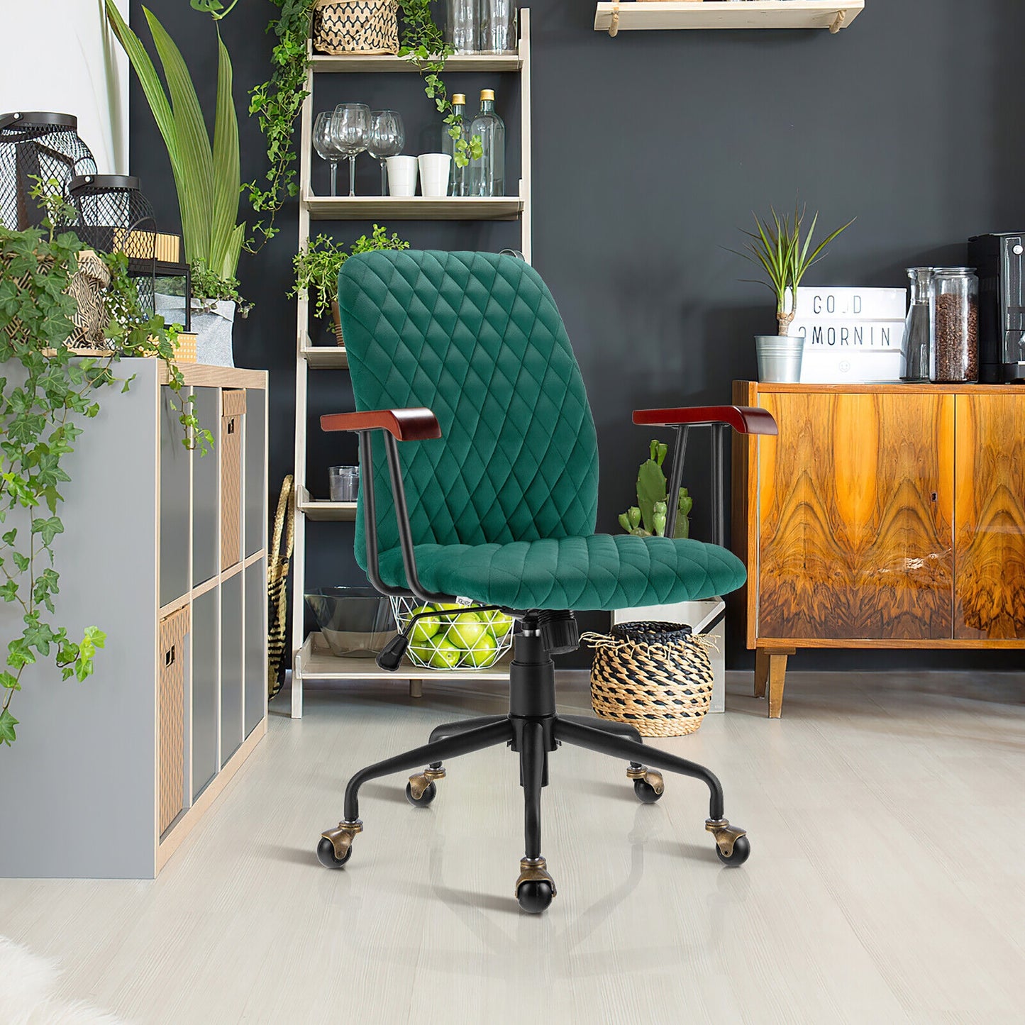 Velvet Office Chair with Wooden Armrests - Swivel & Adjustable