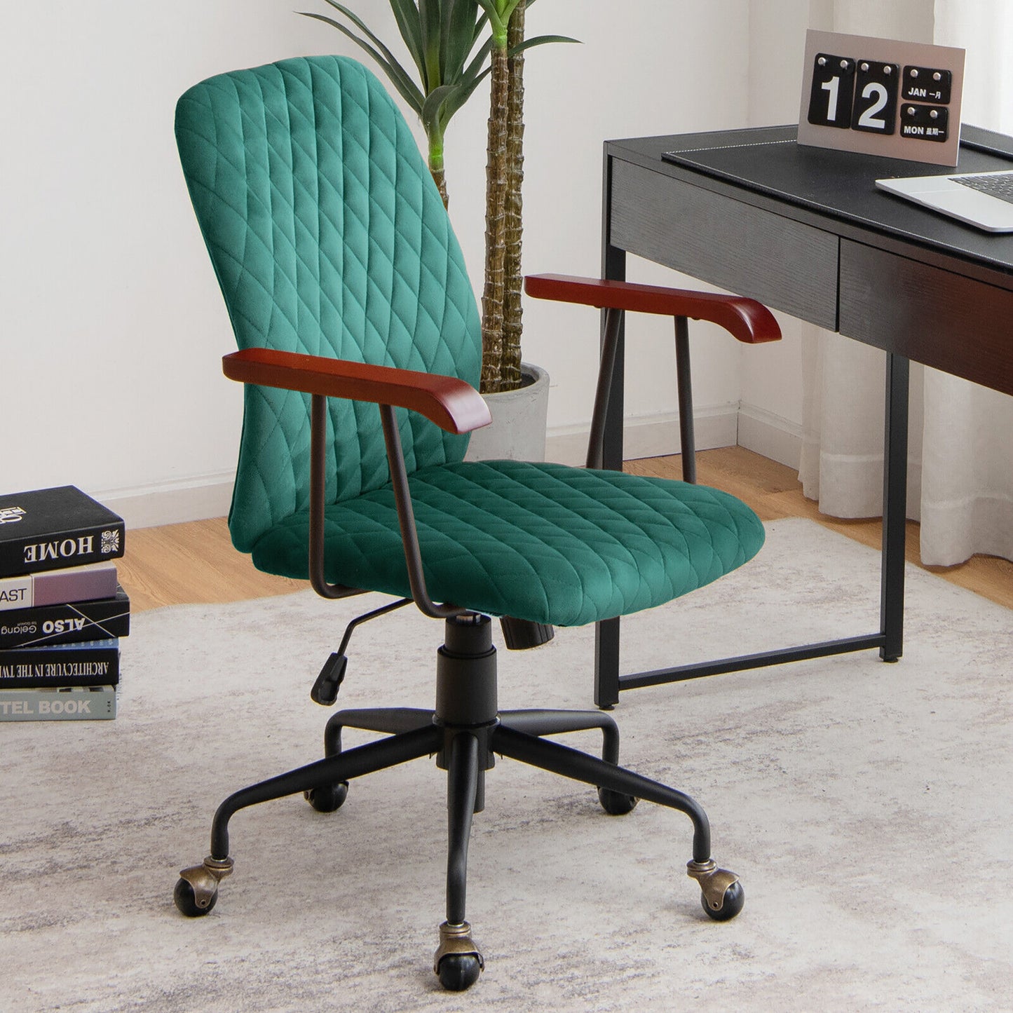 Velvet Office Chair with Wooden Armrests - Swivel & Adjustable