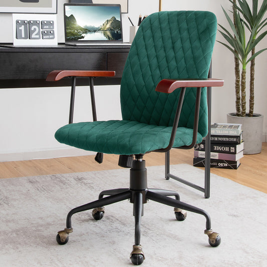 Velvet Office Chair with Wooden Armrests - Swivel & Adjustable