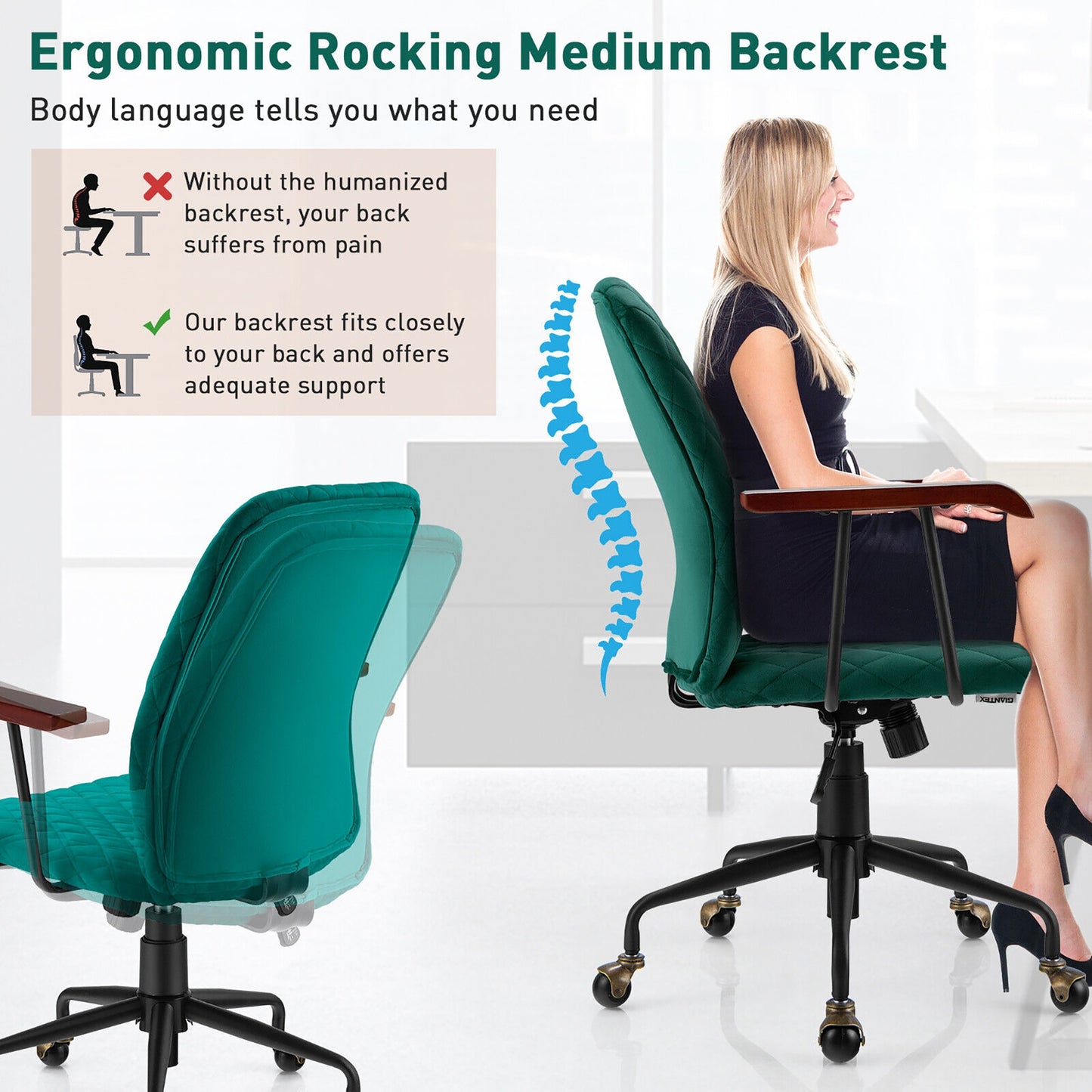 Velvet Office Chair with Wooden Armrests - Swivel & Adjustable