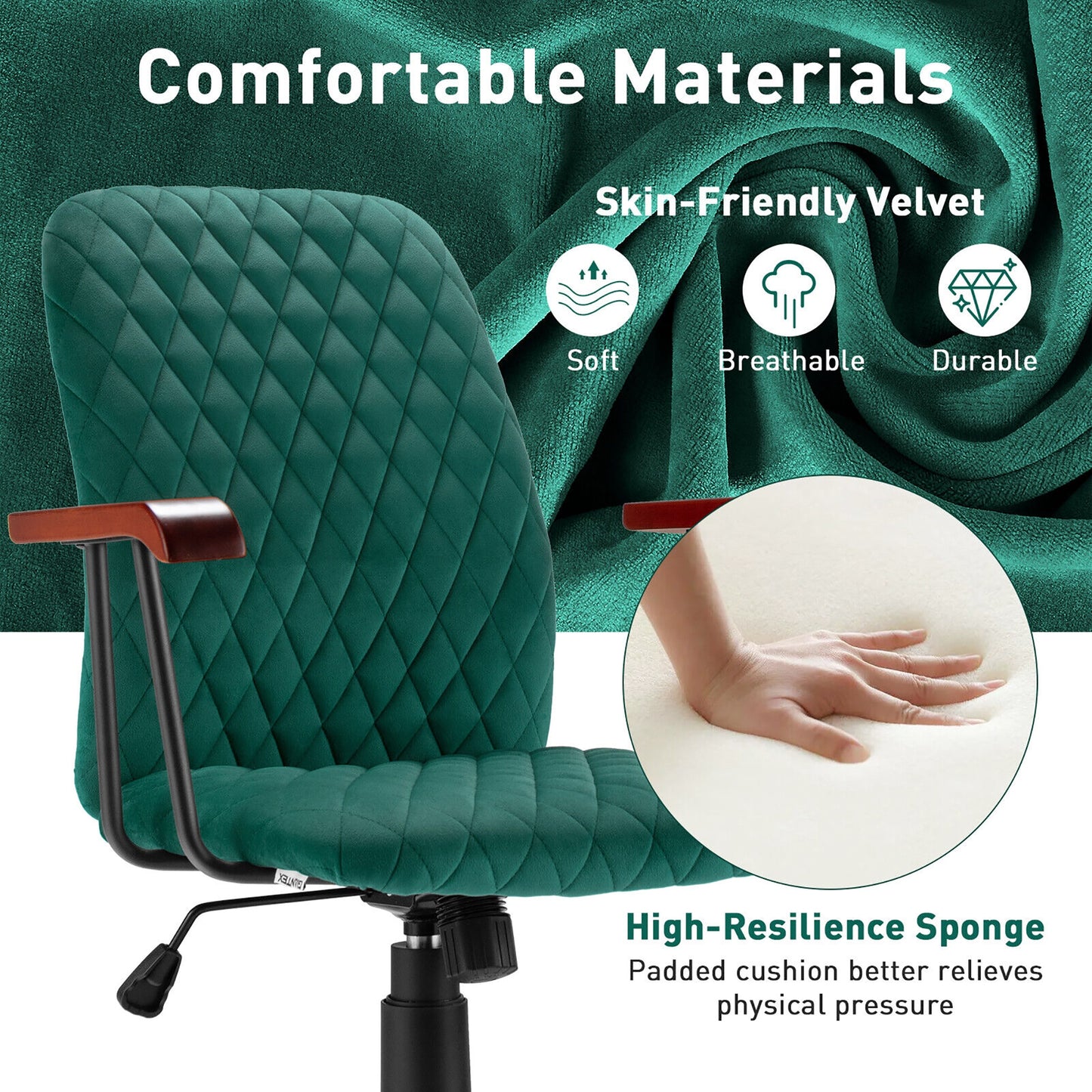 Velvet Office Chair with Wooden Armrests - Swivel & Adjustable