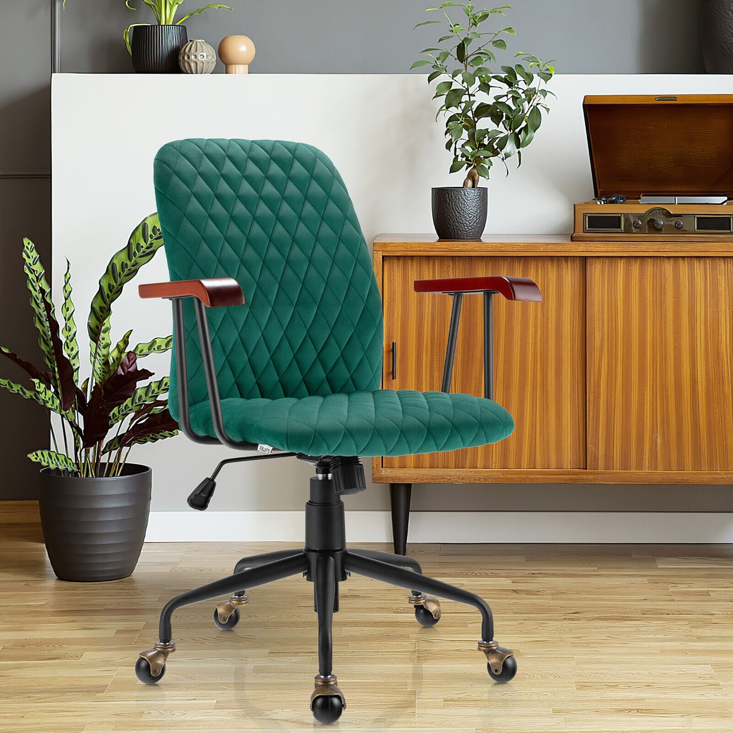 Velvet Office Chair with Wooden Armrests - Swivel & Adjustable