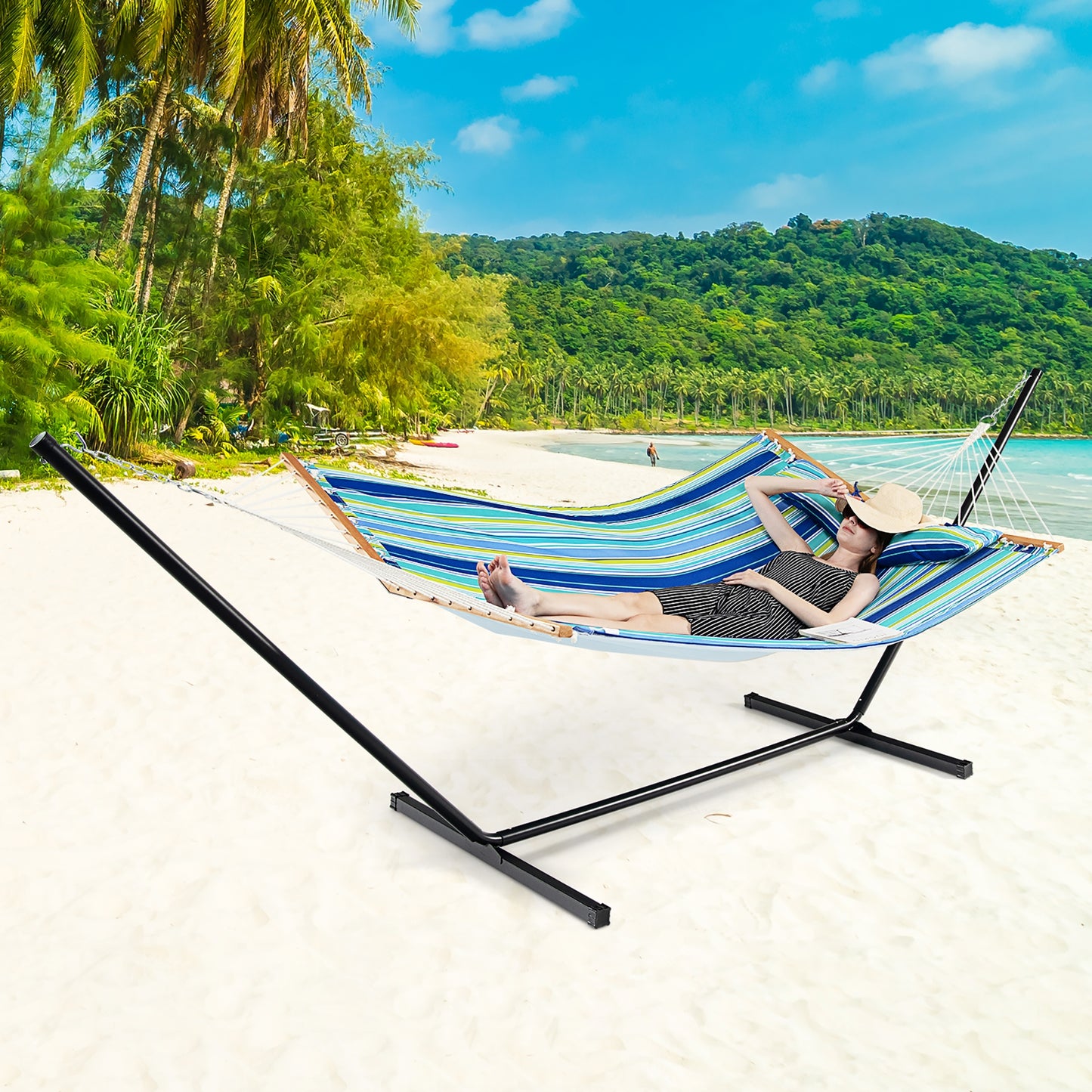 Portable Hammock with Detachable Pillow and Spreader Bars