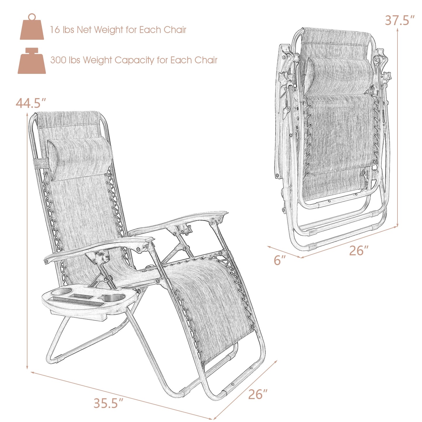 Zero Gravity Folding Lounge Chair Set of 2 with Pillow