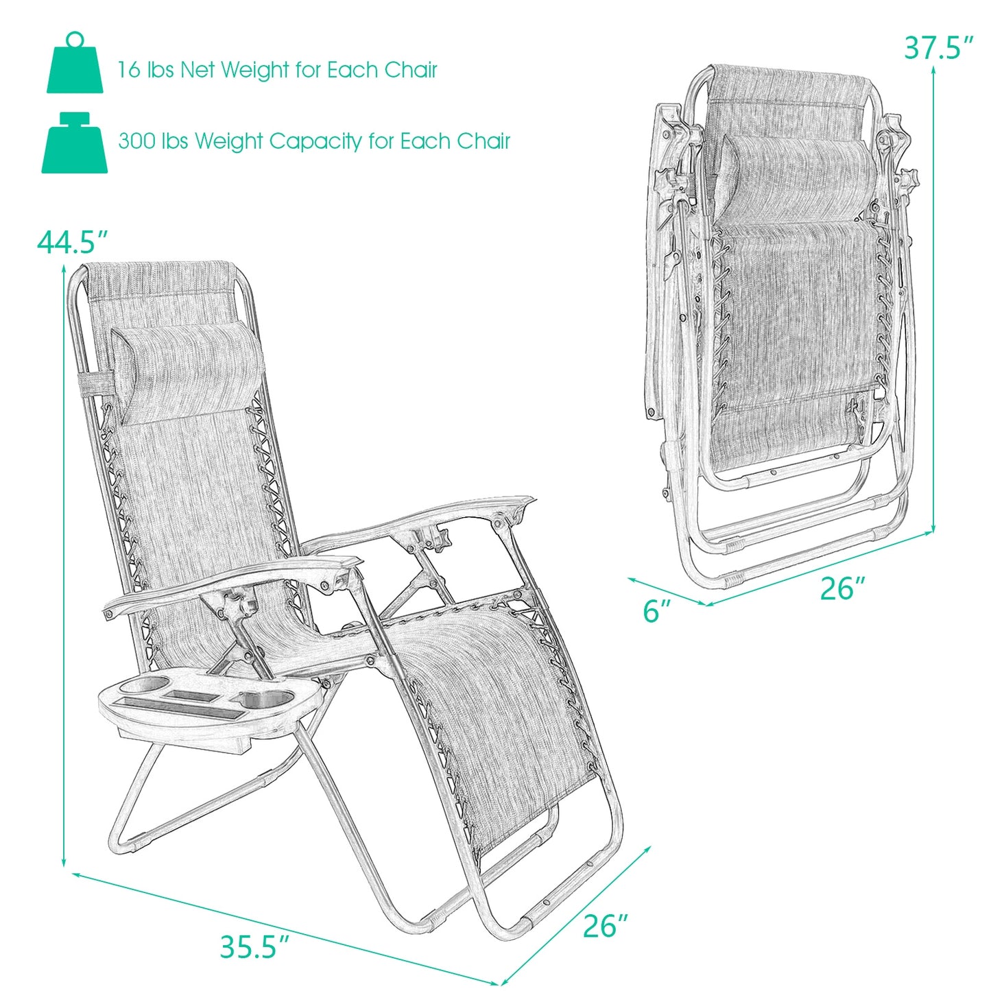 Zero Gravity Folding Lounge Chair Set of 2 with Pillow
