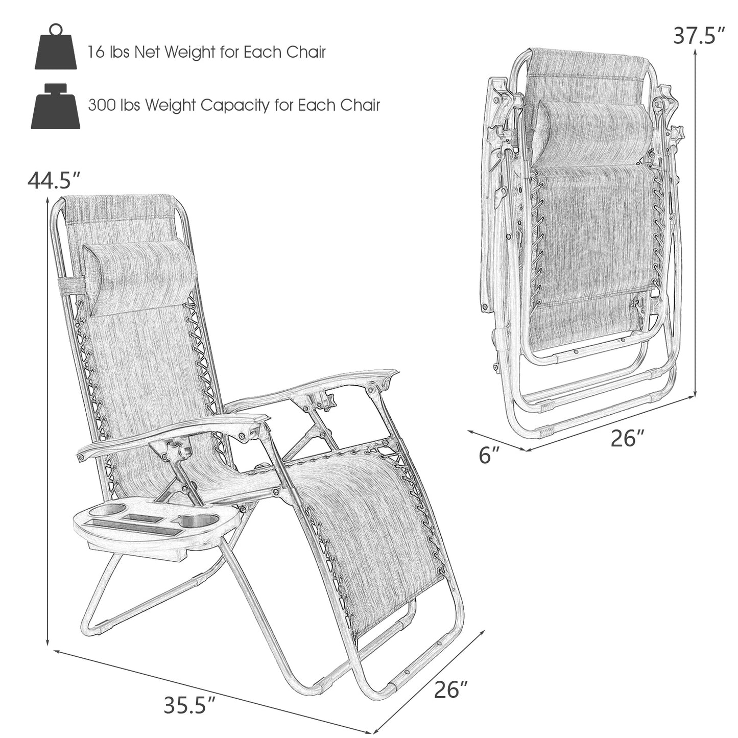 Zero Gravity Folding Lounge Chair Set of 2 with Pillow