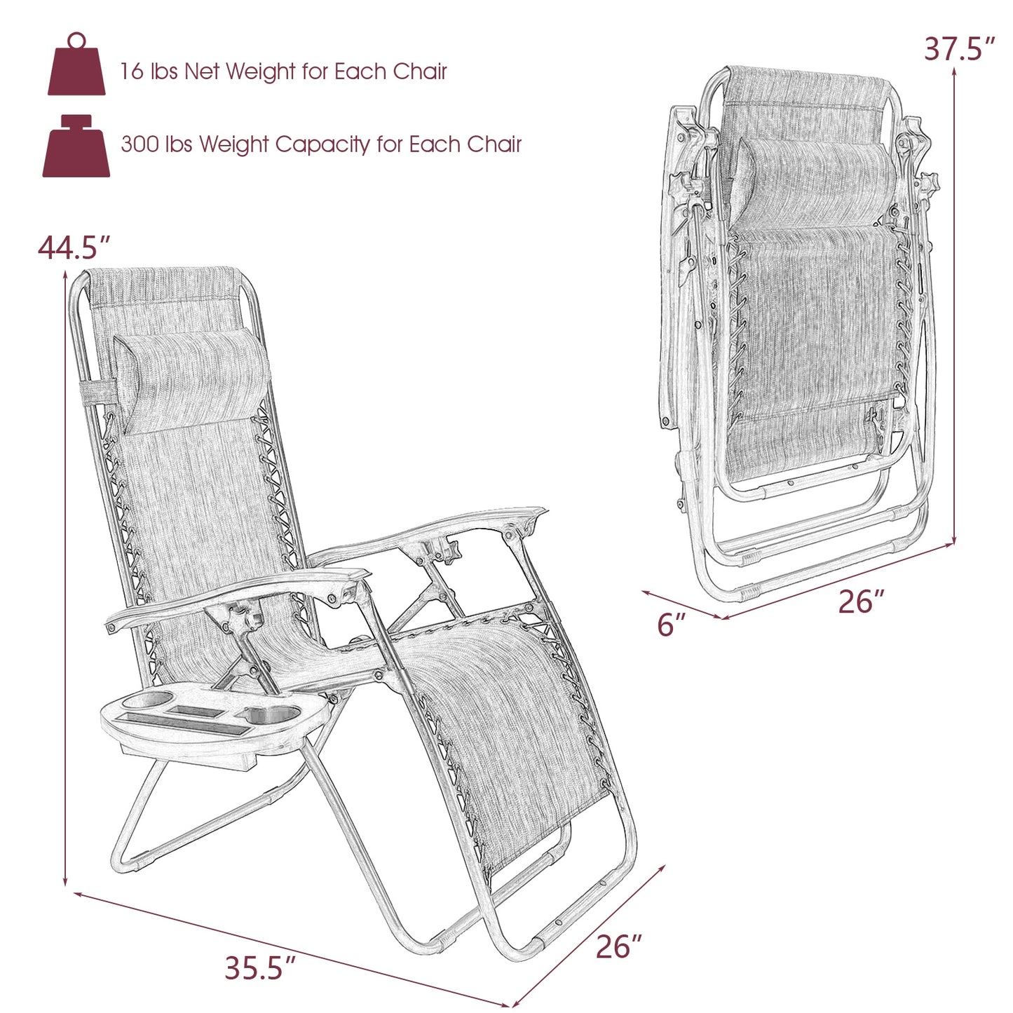 Zero Gravity Folding Lounge Chair Set of 2 with Pillow