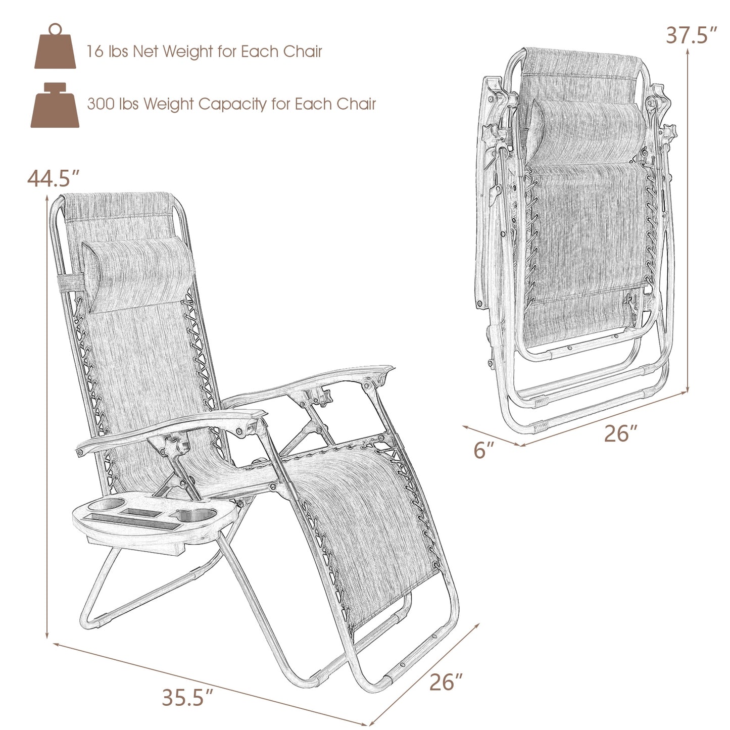 Zero Gravity Folding Lounge Chair Set of 2 with Pillow