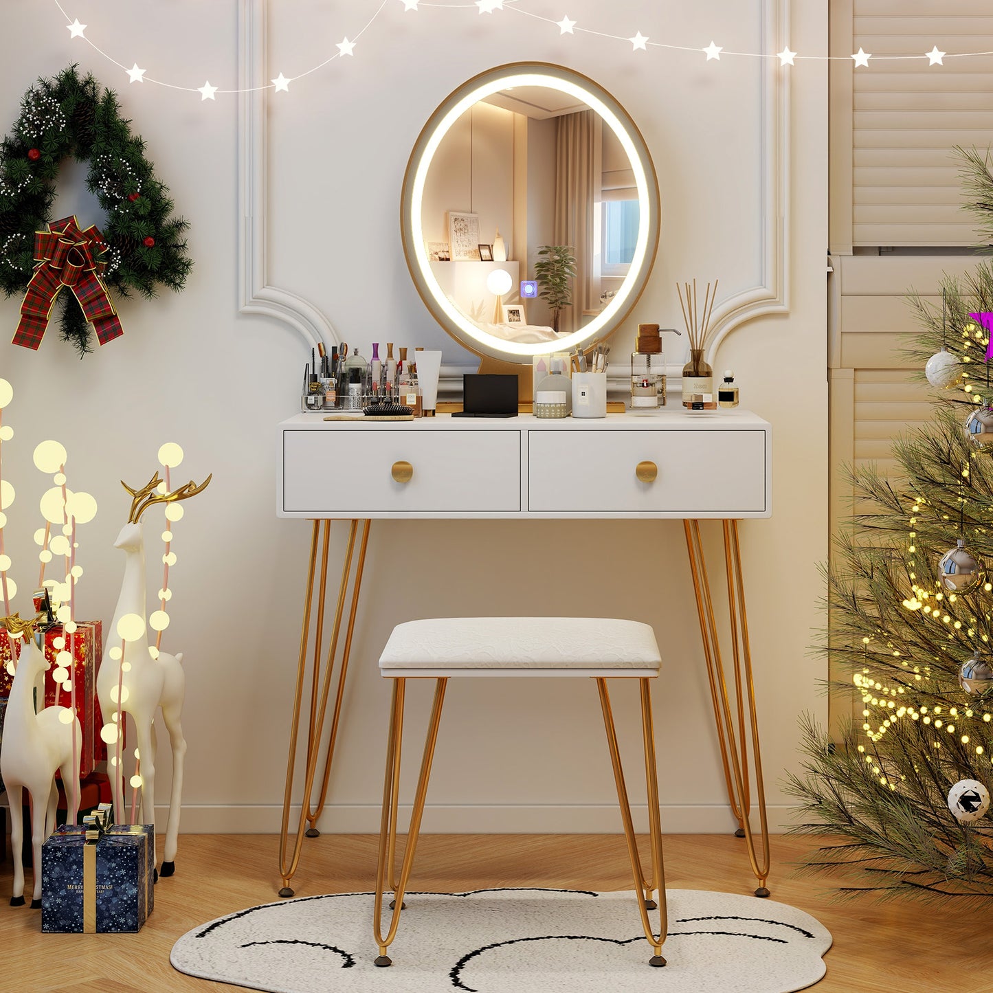 Industrial Makeup Vanity Table with LED Mirror & Stool