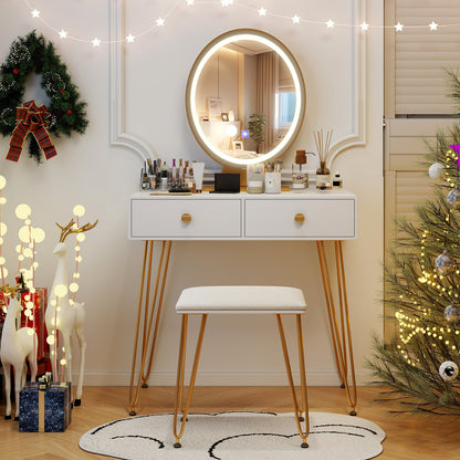 Industrial Makeup Vanity Table with LED Mirror & Stool