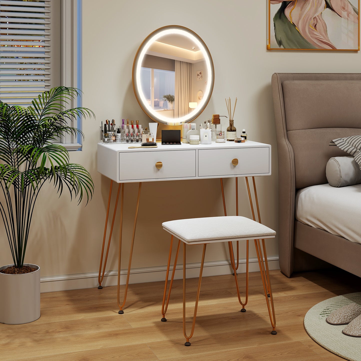 Industrial Makeup Vanity Table with LED Mirror & Stool