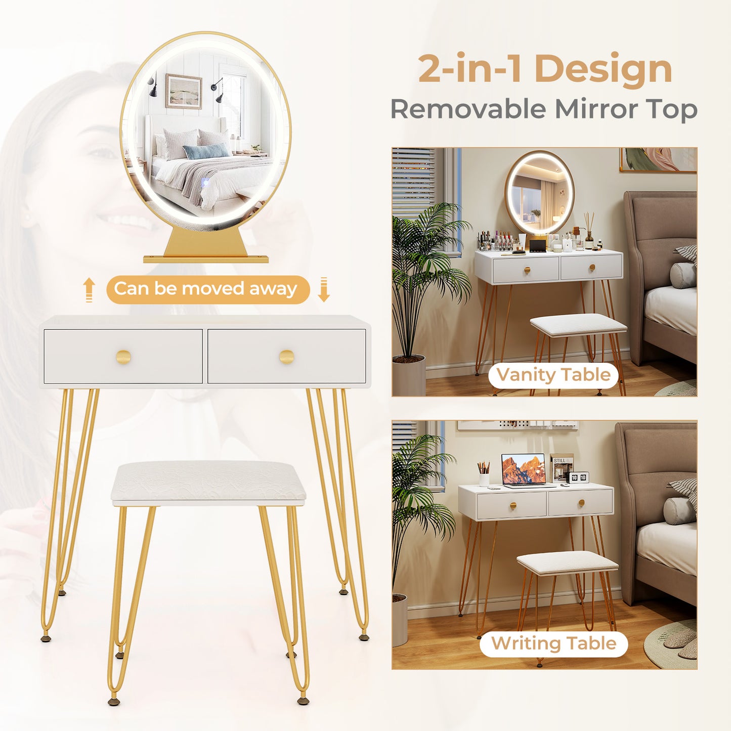 Industrial Makeup Vanity Table with LED Mirror & Stool