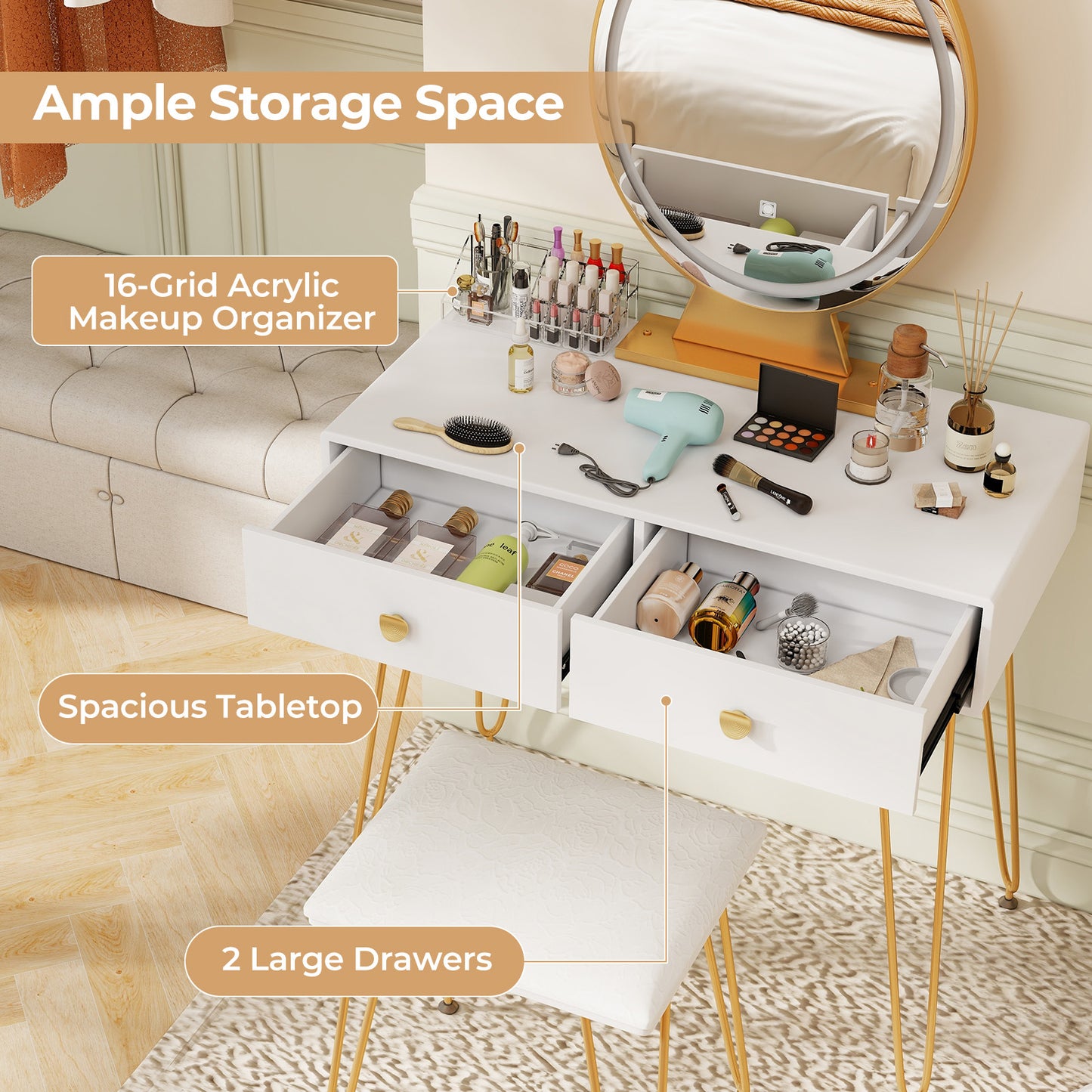 Industrial Makeup Vanity Table with LED Mirror & Stool