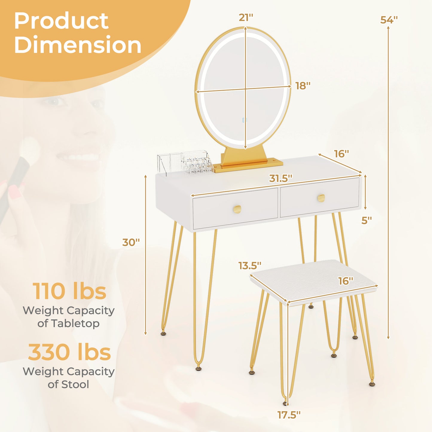 Industrial Makeup Vanity Table with LED Mirror & Stool