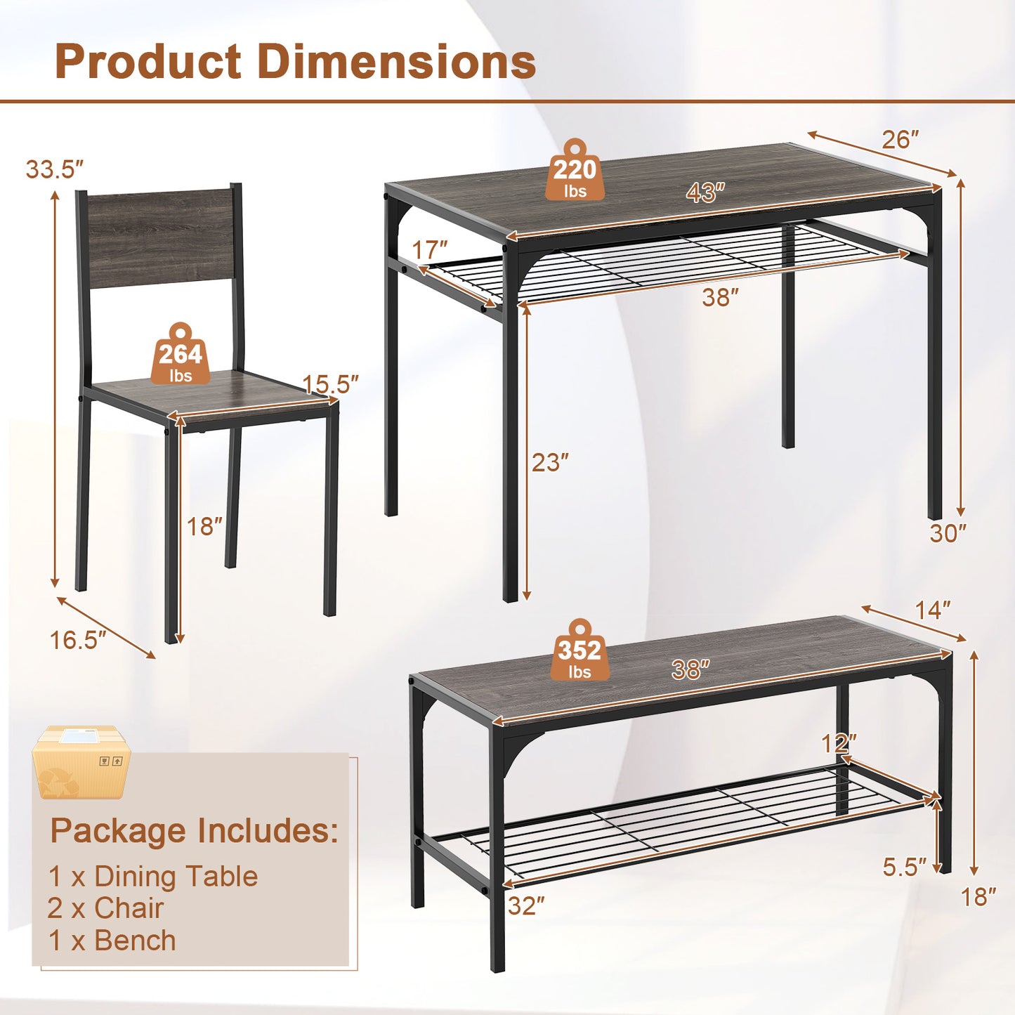 Rectangular Dining Table Set with Bench and 2 Chairs