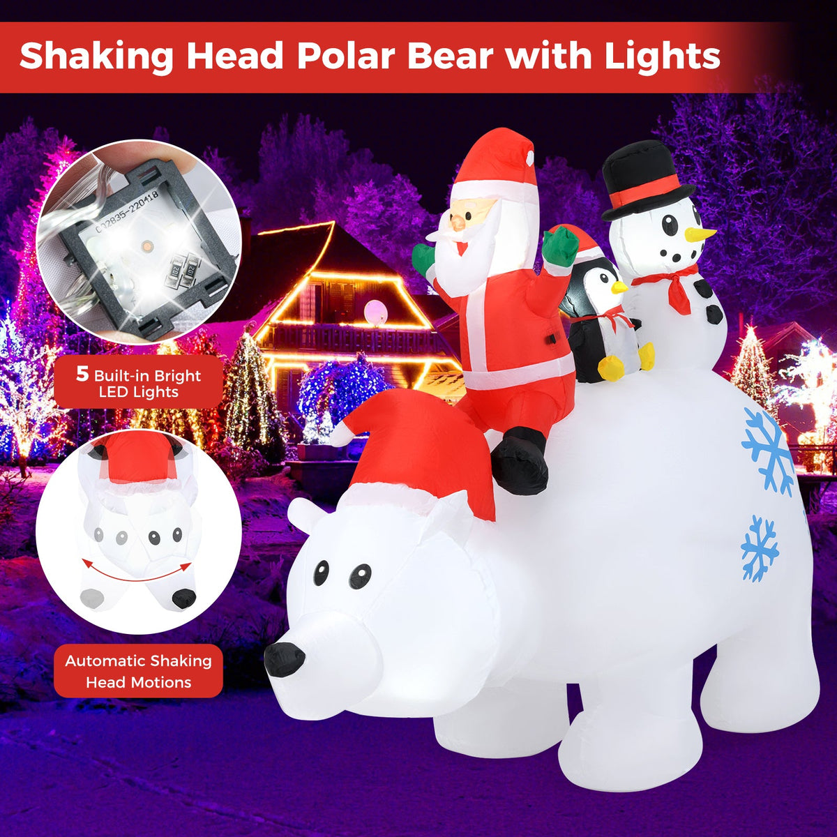 6 Ft Christmas Inflatable with Lights Animated Santa Penguin and Snowman