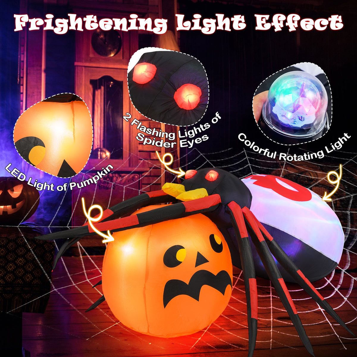 4.9 x 4.6 Feet Inflatable Spider with Pumpkin and Rotating Light