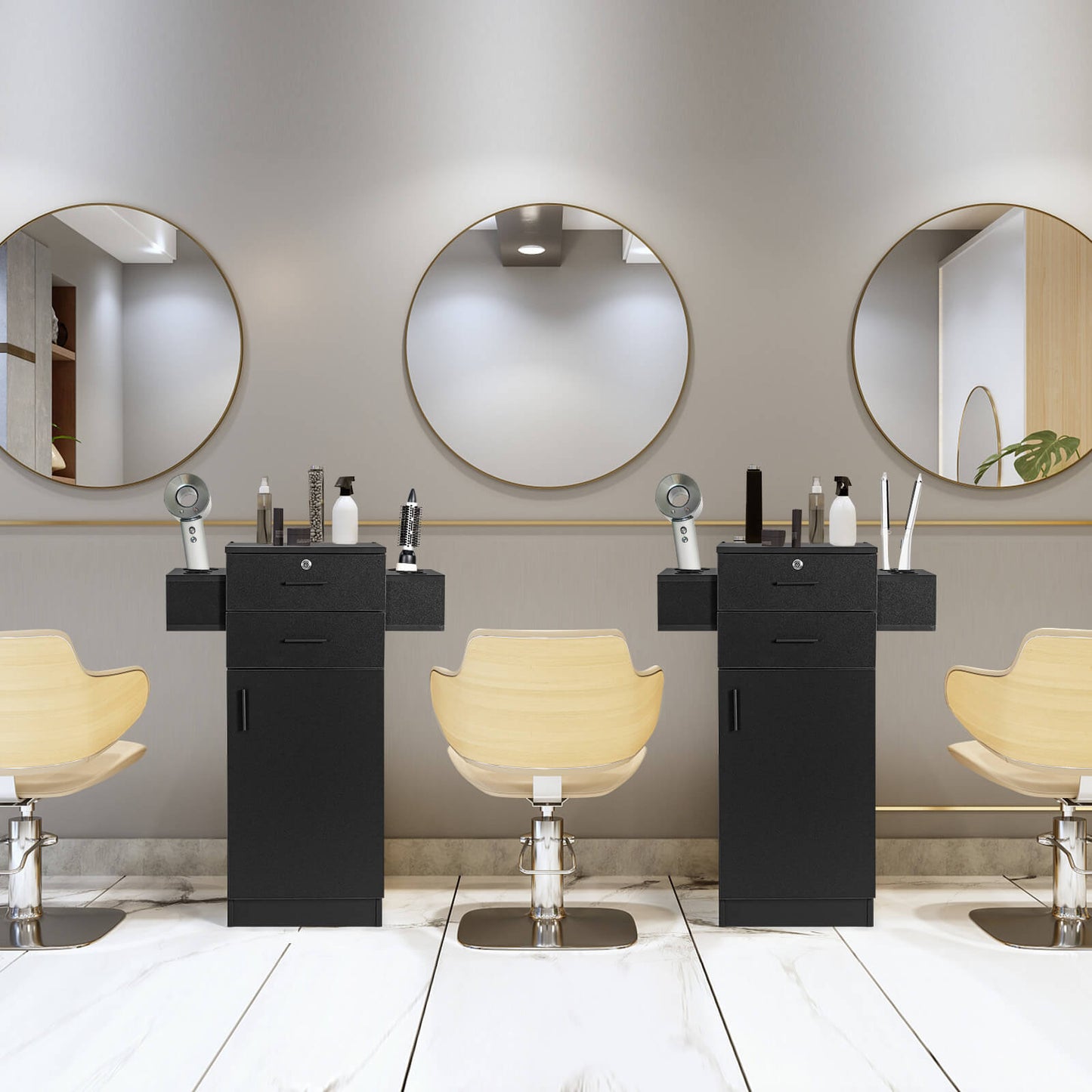 Salon Station Storage Cabinet with 6 Hair Dryer Holders