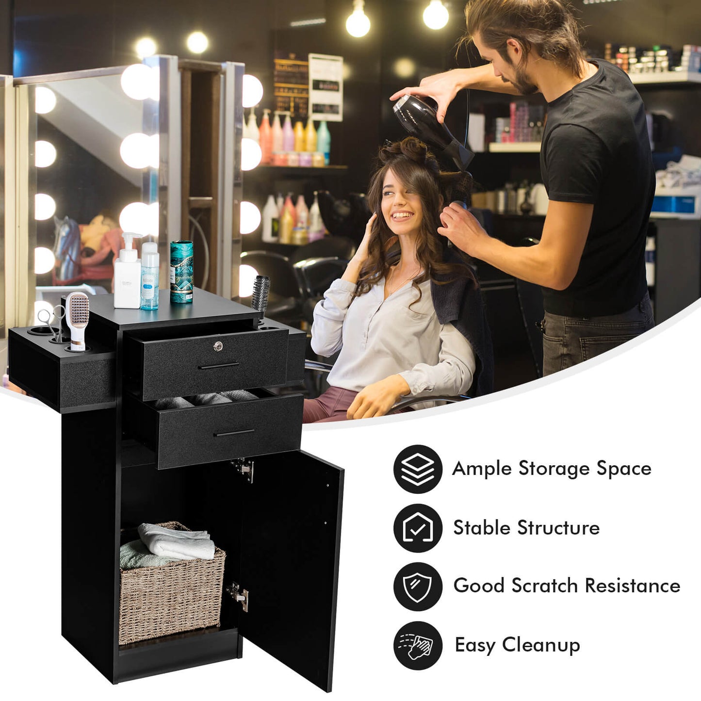 Salon Station Storage Cabinet with 6 Hair Dryer Holders