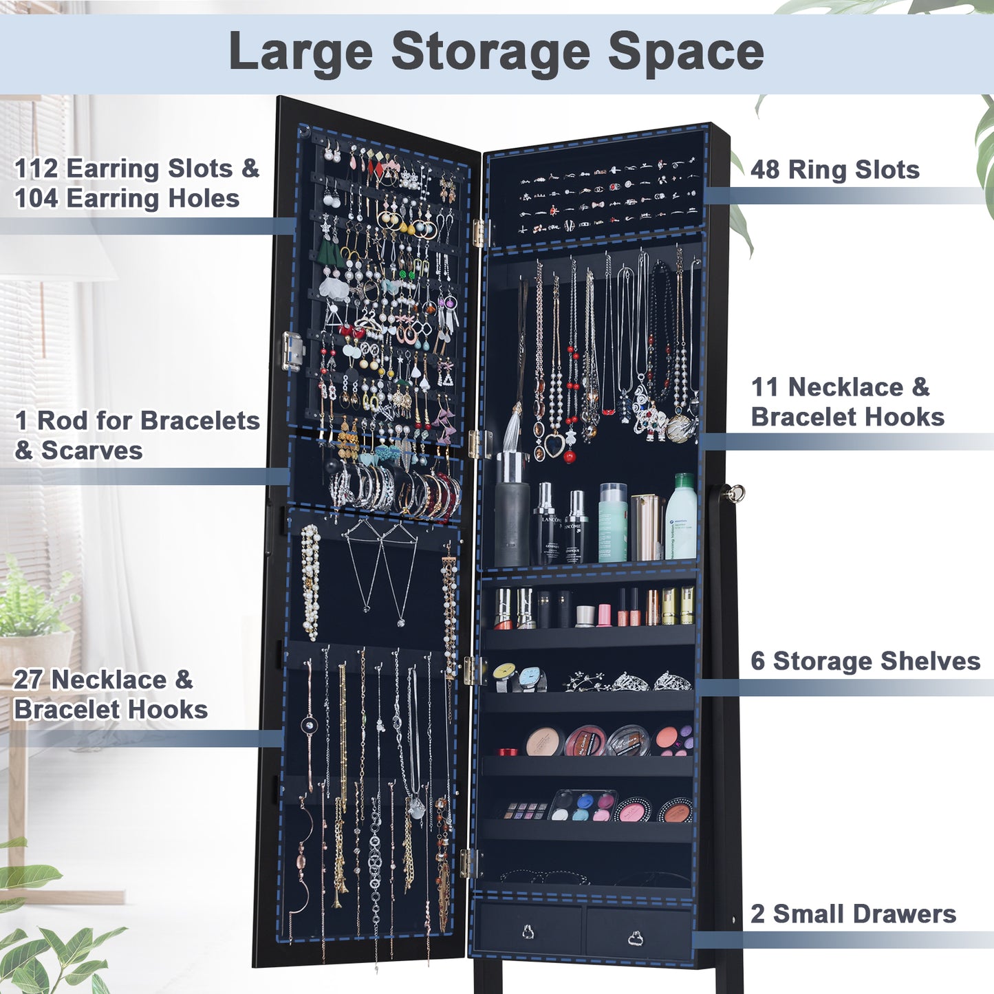 Mirrored Jewelry Armoire Cabinet with Lock - Full Length