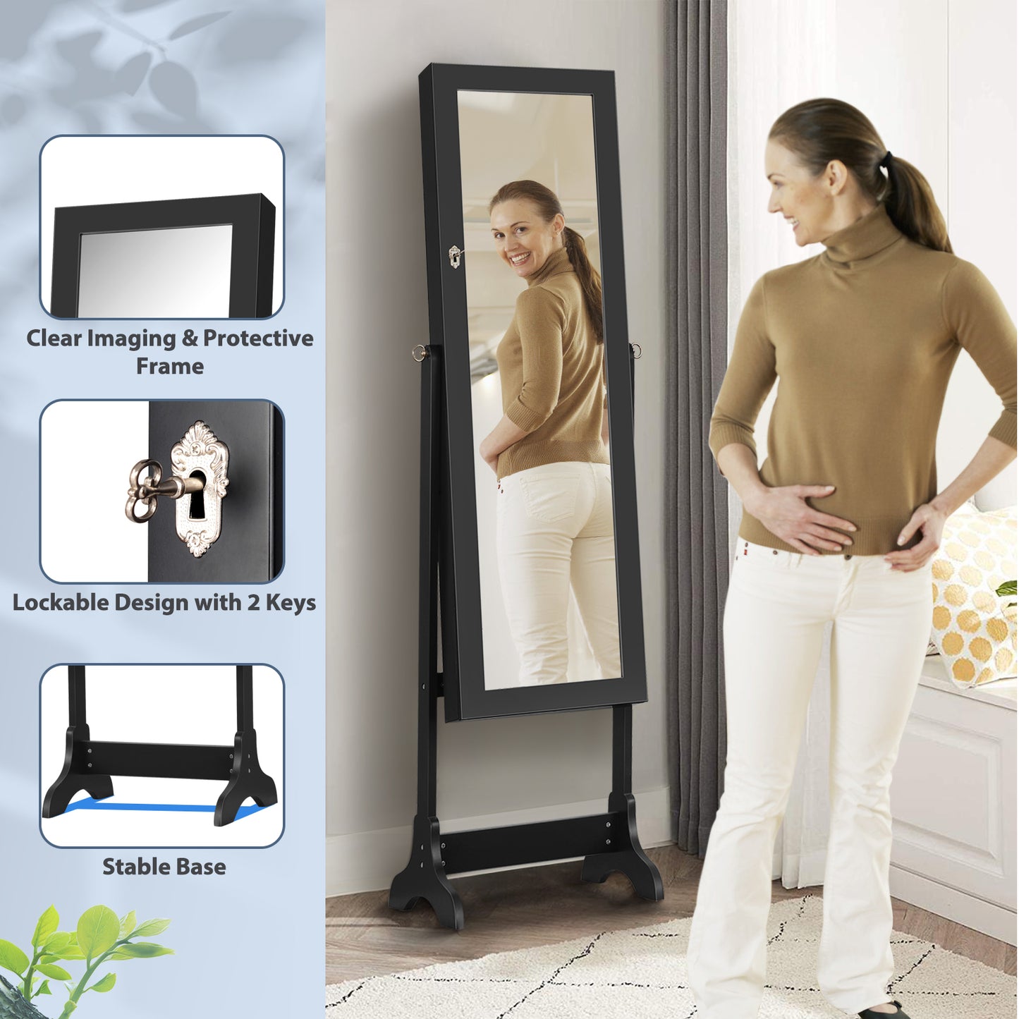 Mirrored Jewelry Armoire Cabinet with Lock - Full Length