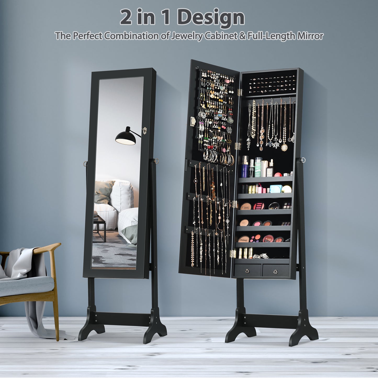Mirrored Jewelry Armoire Cabinet with Lock - Full Length