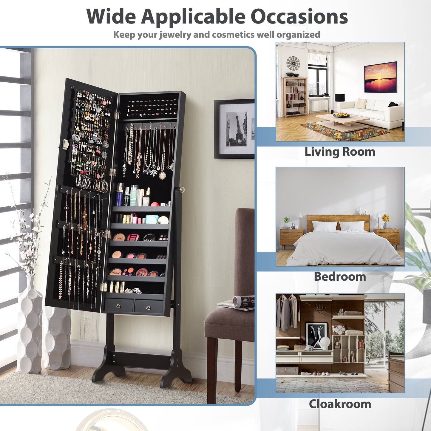 Mirrored Jewelry Armoire Cabinet with Lock - Full Length