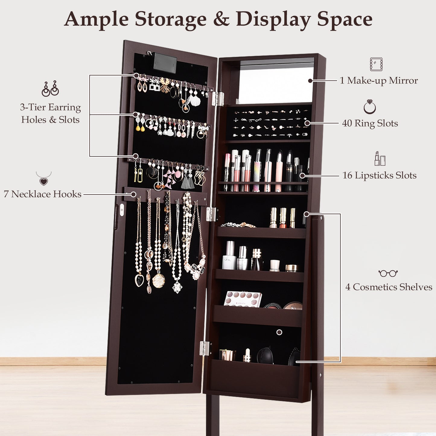 Mirrored Jewelry Armoire with LED Lights
