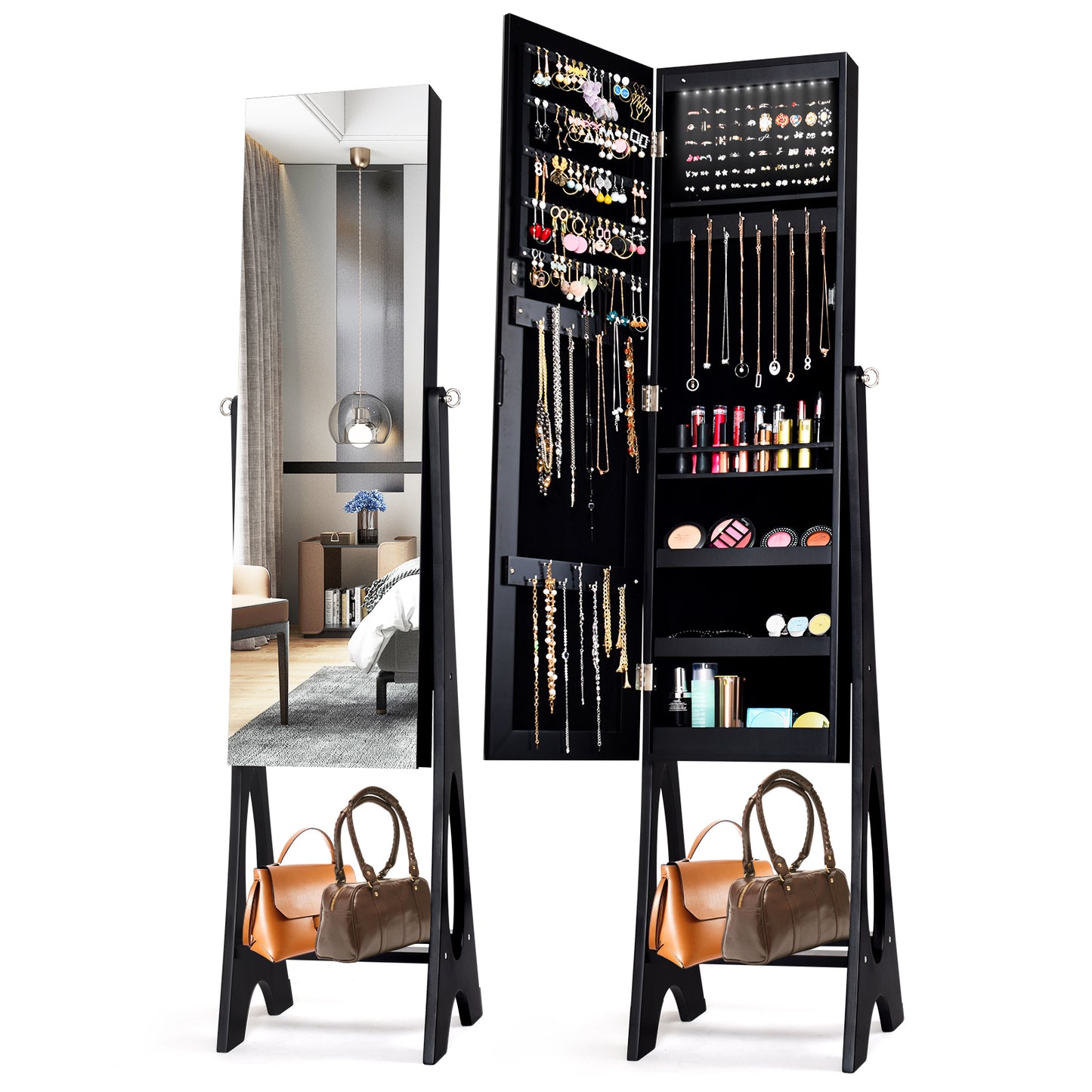 LED Jewelry Armoire with Full-Length Mirror and Storage
