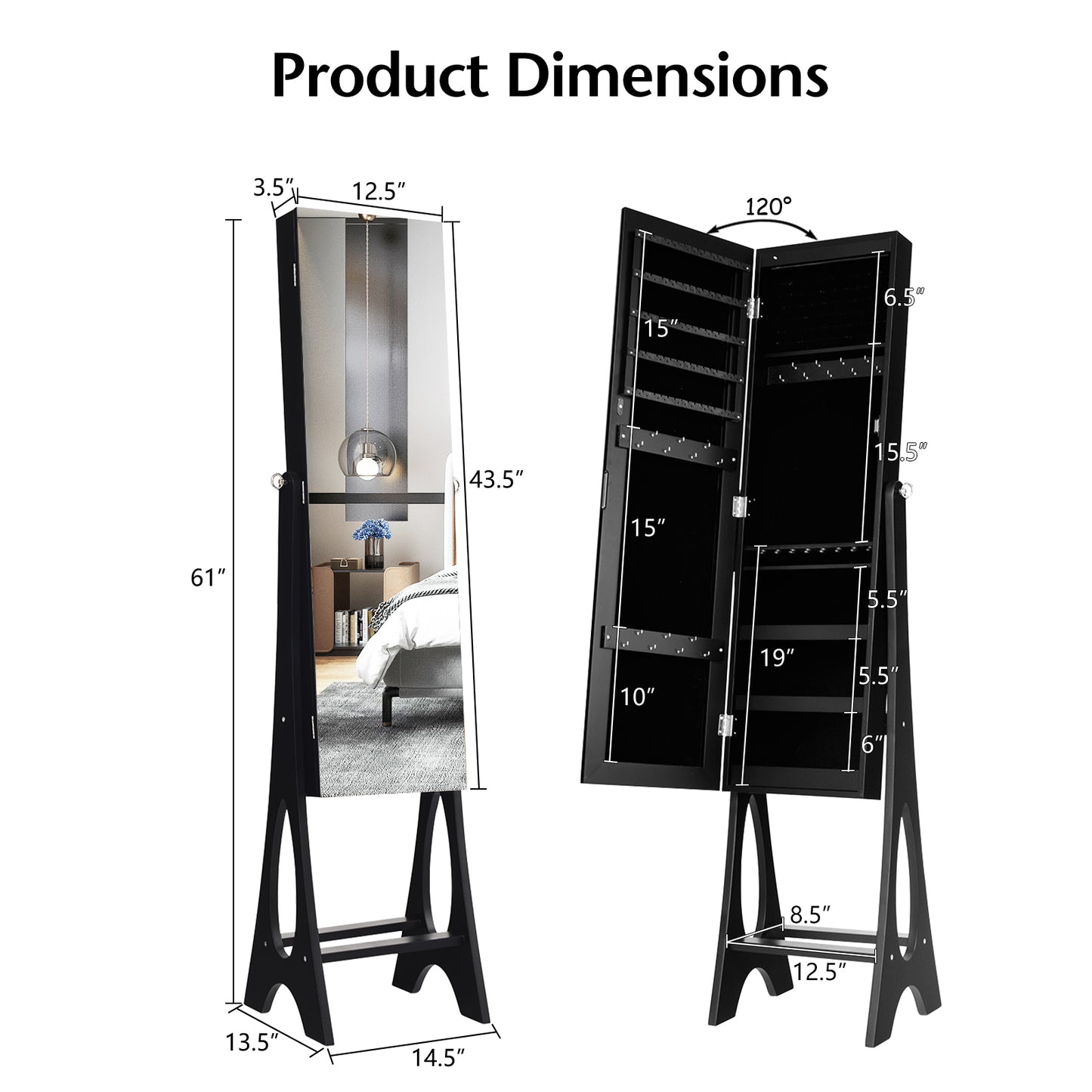 LED Jewelry Armoire with Full-Length Mirror and Storage